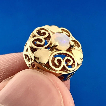 Vintage 10K Yellow Gold Opal Cabochon Heart Scroll OpenWork Slide Bracelet Charm