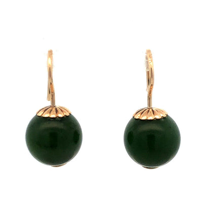 Estate 14K Yellow Gold Round Jade Ball Hook Dangle Earrings