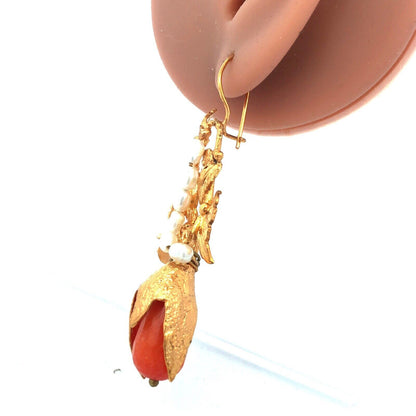Estate Gold Tone Peach Quartz Rice Pearl Leaf & Vine Statement Drop Earrings