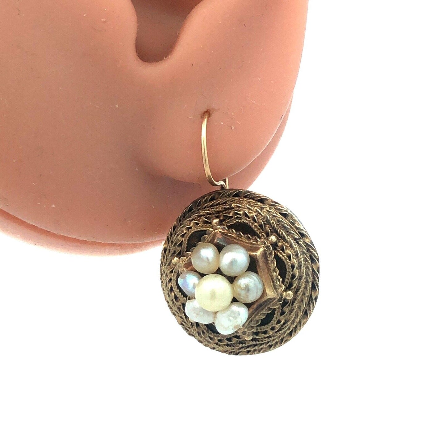 Mid Century 14K Yellow Gold Pearl Cluster Bird Nest Statement Drop Earrings