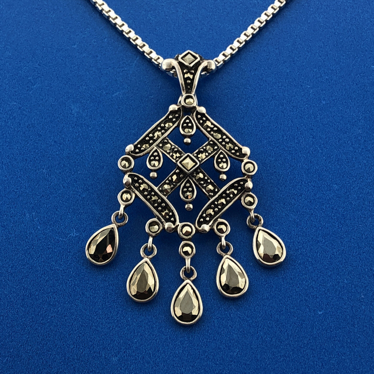 Marcasite Sterling Silver 925 Art Deco Style Dangle Pendant Enhancer Necklace