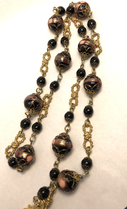 Vintage Murano Venetian Copper Cobalt Glass Bead Gold-Tone Statement Necklace