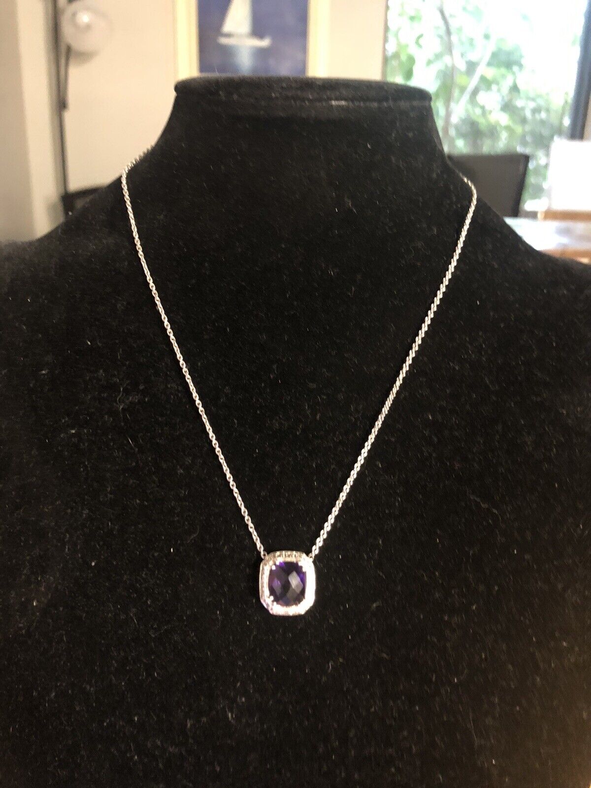18k White Gold Faceted Purple Amethyst Diamond Accent 16.5" Chain Necklace