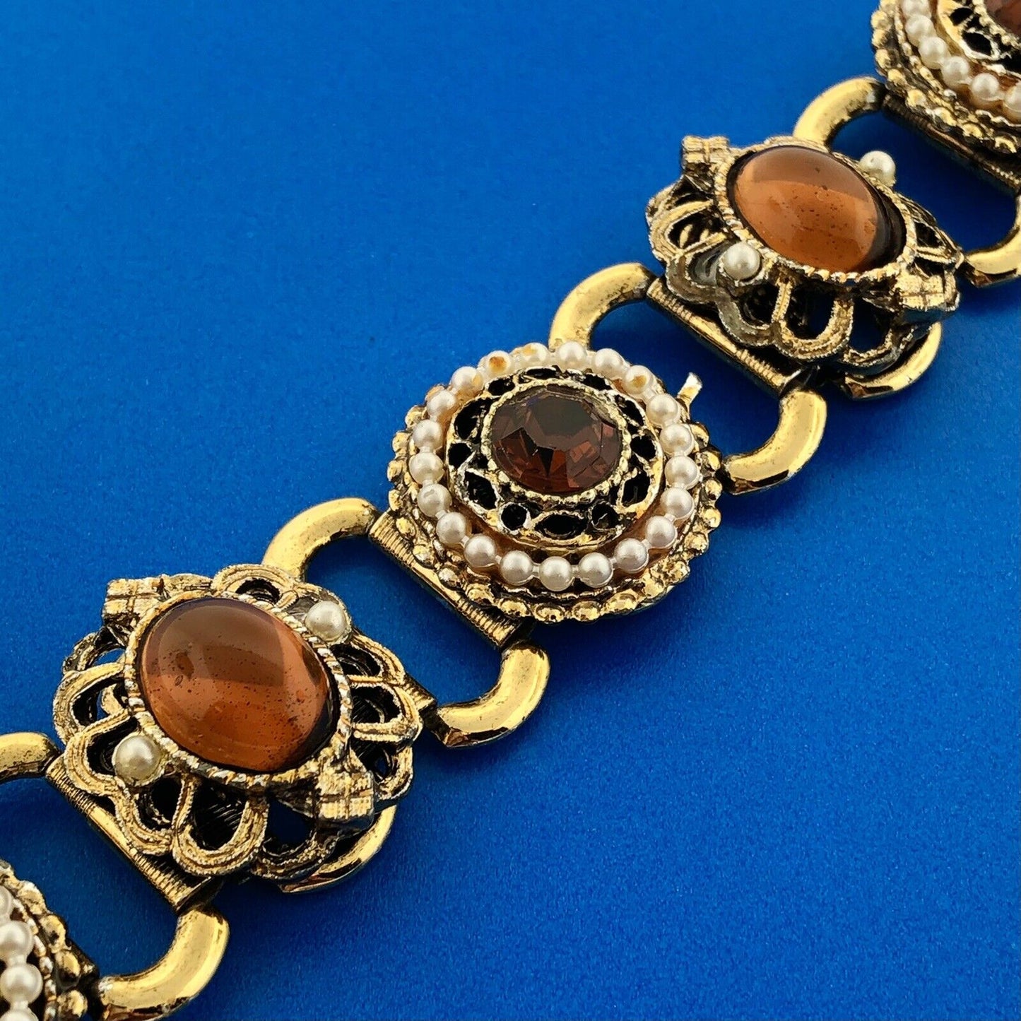 Vintage Gold Tone Seed Pearl Amber Glass Black Enamel Statement Panel Bracelet