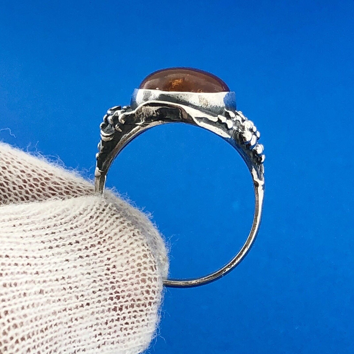 Stunning Sterling Silver 925 Oval Cabochon Amber Floral Finger Ring Size 8.75