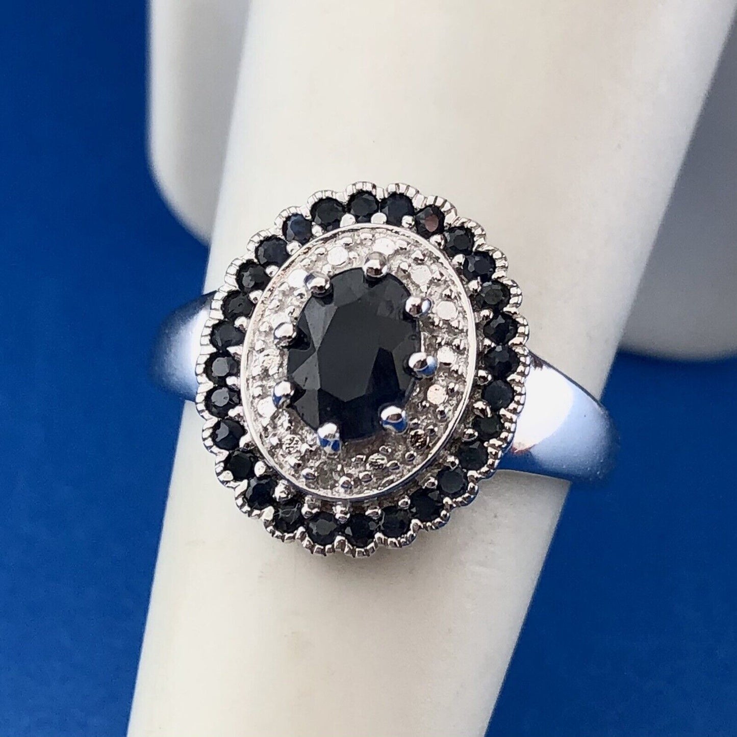 Desinger PAJ 925 Sterling Silver Oval Sapphire Halo September Anniversary Ring