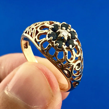 Vintage 10K Yellow Gold Sapphire Diamond Open Work September Cocktail Dome Ring