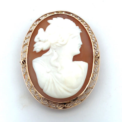 Vintage 10K Yellow Gold Oval Carved Brown Cameo Filigree Brooch Pendant