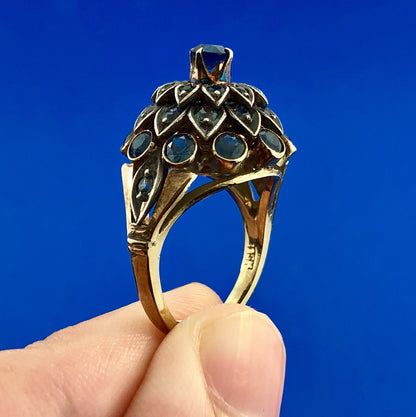 Estate 10K Yellow Gold Blue Topaz Towering Flower December Anniversary Ring