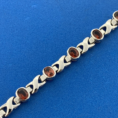 Vintage 925 Sterling Silver Oval Garnet X O January Anniversary Tennis Bracelet