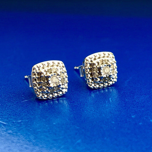 Elegant Sterling Silver 925 Diamond Three Tier Square Cluster Stud Earrings