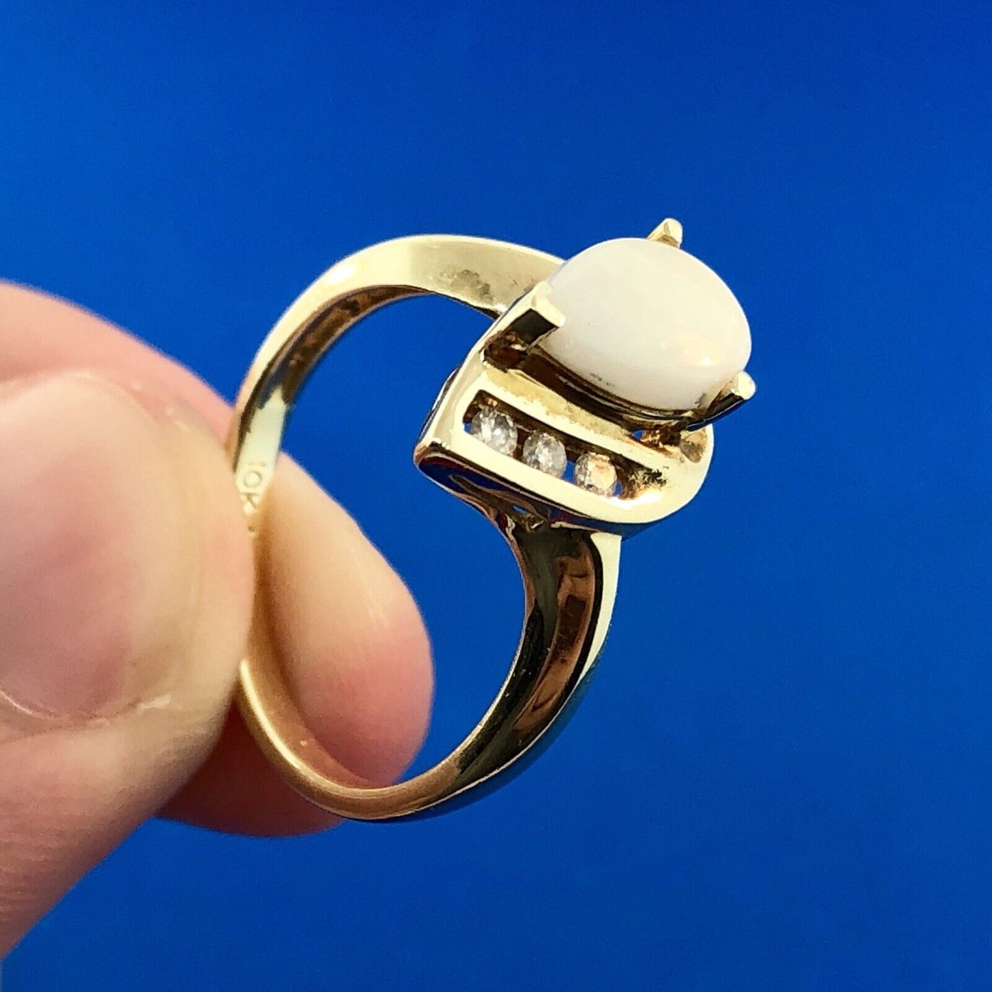 Designer 10K Yellow Gold Opal Diamond Modernist Bypass October Occasion Ring