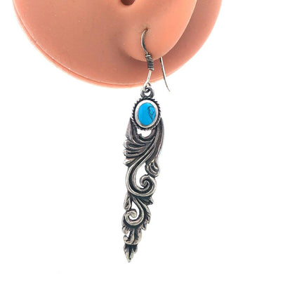 Vintage 925 Sterling Silver Turquoise Cabochon Scroll Dangle Drop Hook Earrings