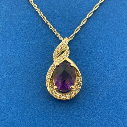 Designer 925 Sterling Silver Vermeil Amethyst Diamond Drop Pendant Necklace
