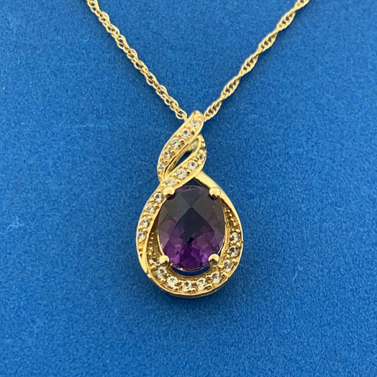 Designer 925 Sterling Silver Vermeil Amethyst Diamond Drop Pendant Necklace