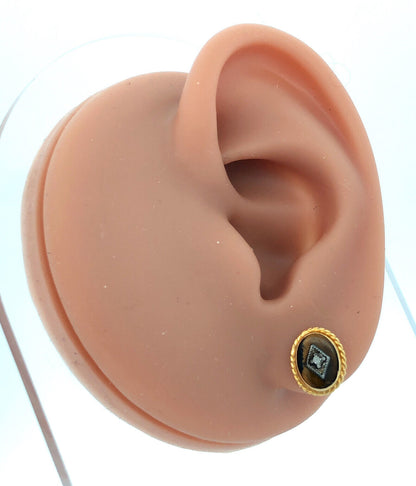 Vintage 14K Yellow Gold Oval Tigers Eye Diamond Accented Stud Earrings
