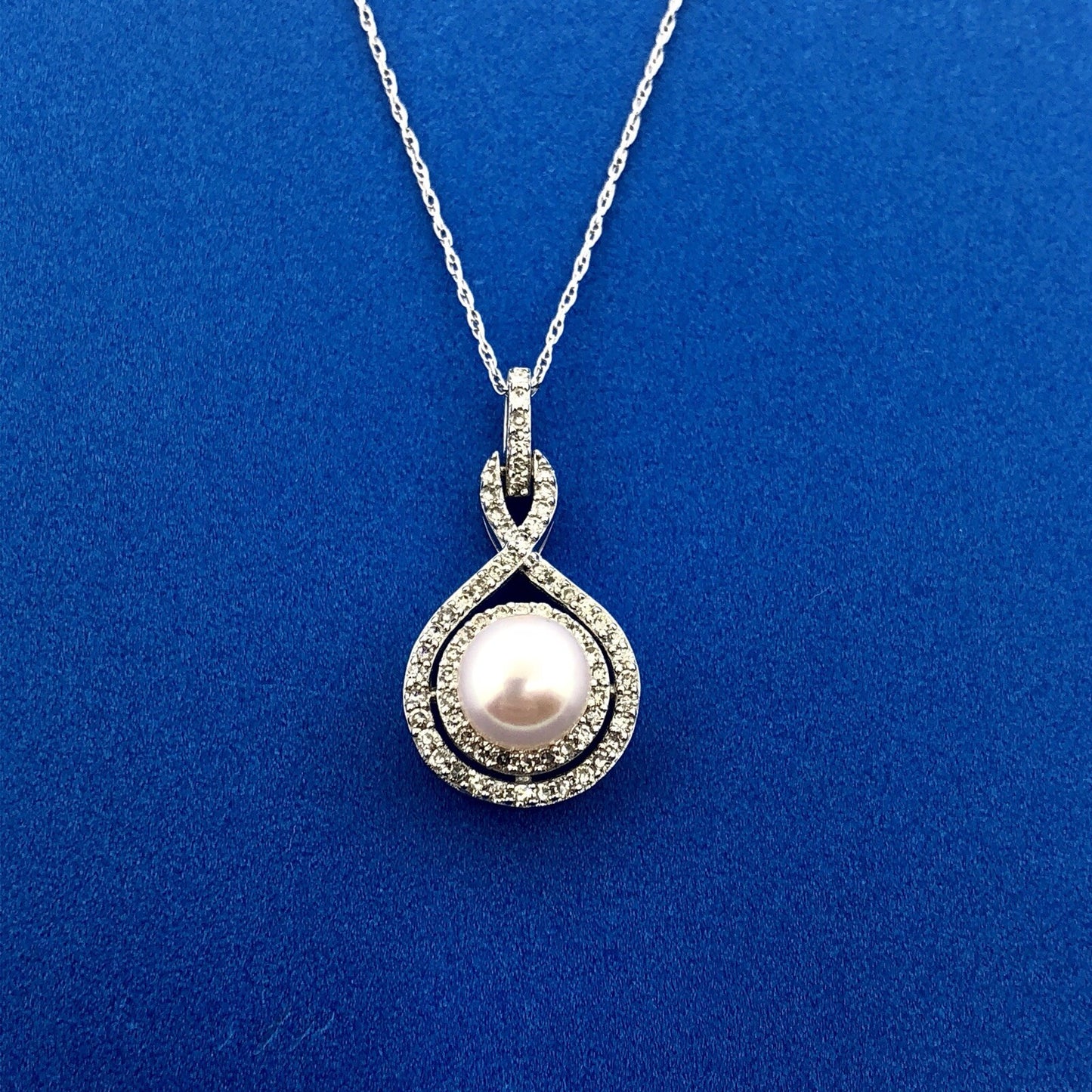 Designer 14K White Gold Pearl Diamond Bridal June Infinity Anniversary Necklace