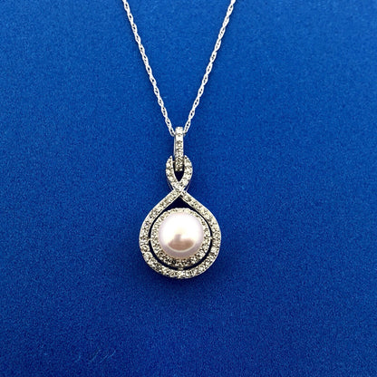 Designer 14K White Gold Pearl Diamond Bridal June Infinity Anniversary Necklace