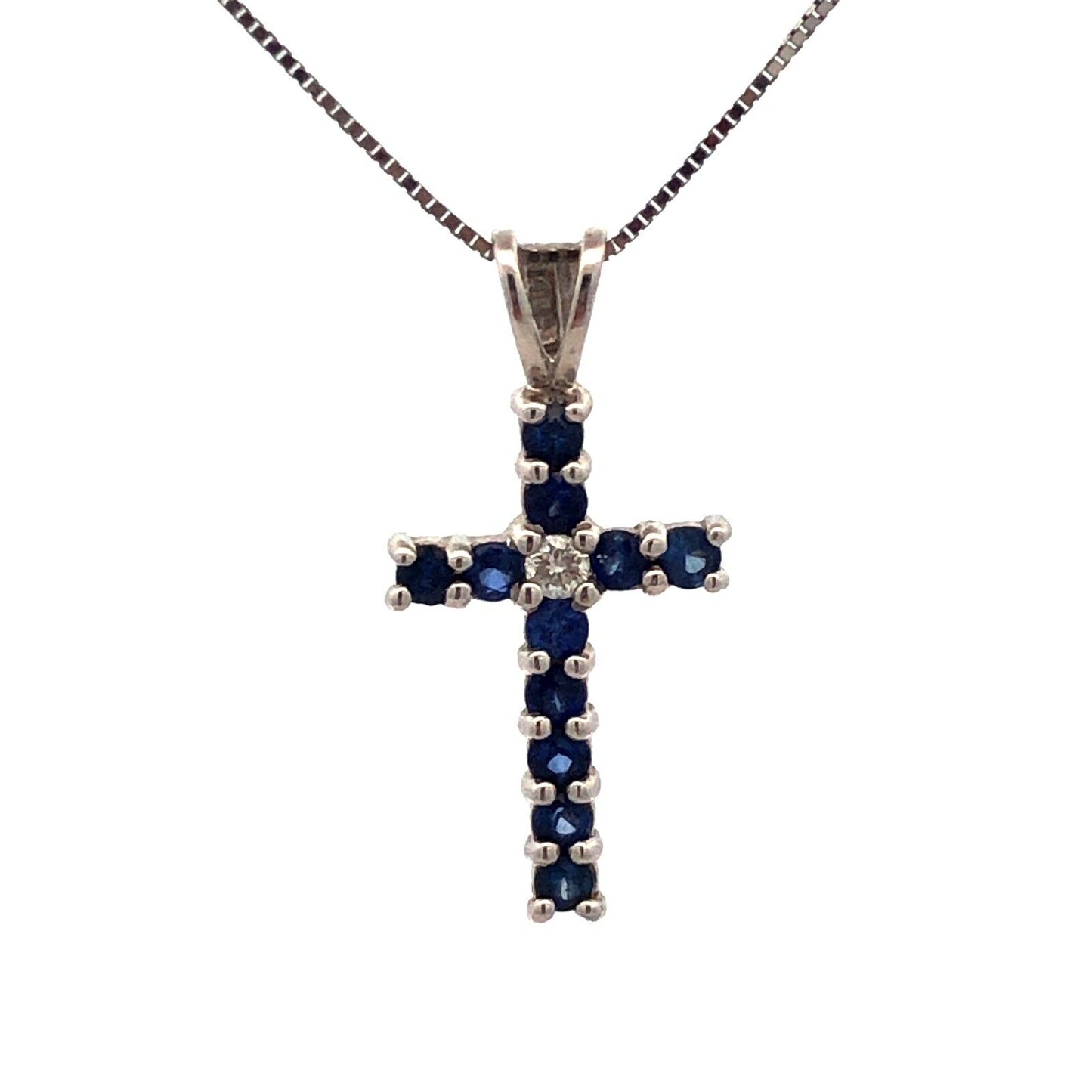 Designer 14K White Gold Blue Sapphire Diamond Pave Cross Pendant Necklace