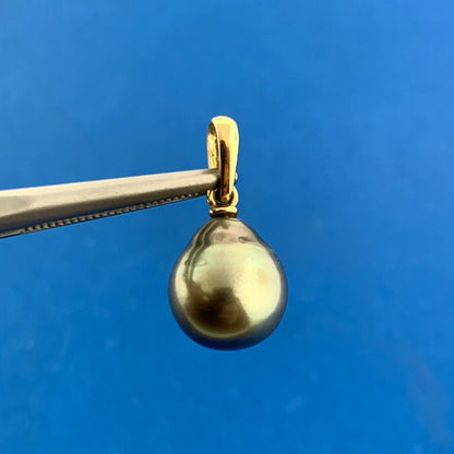 Designer 18K Yellow Gold Black Gray Pearl Solitaire Charm Pendant 9.8mm