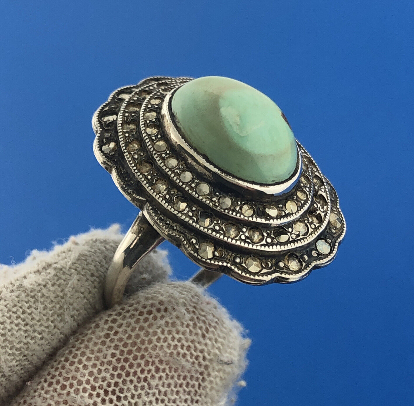 Native American 925 Sterling Silver Green Turquoise Marcasite Statement Ring