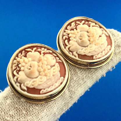 Italy 18K Yellow Gold Cameo Carved Shell Fruit Basket Cameo Stud Earrings