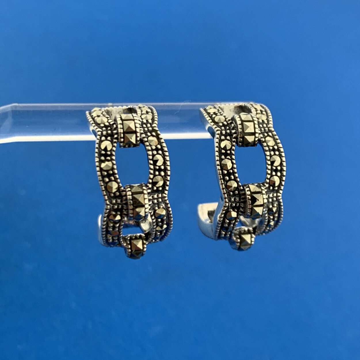 Designer Sterling Silver 925 Marcasite Open Friction Back Hoop Stud Earrings