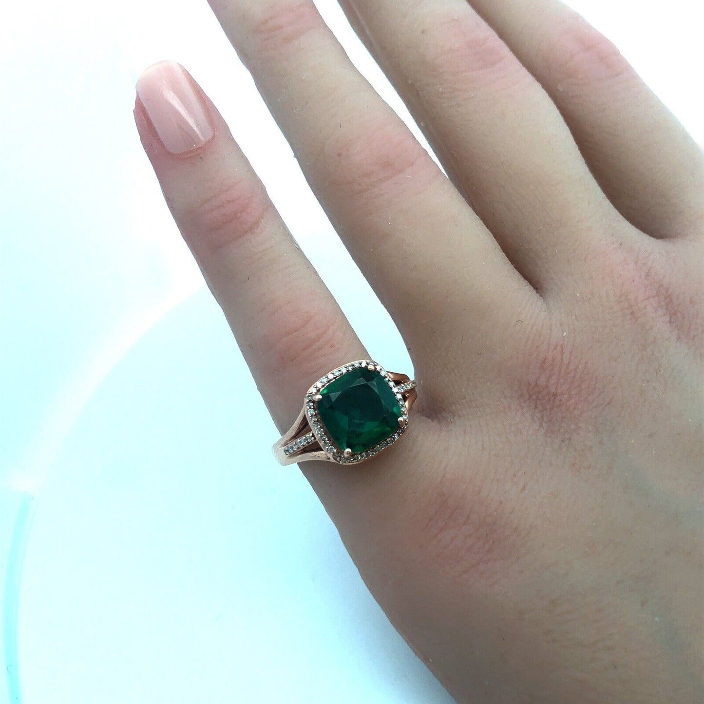 14K Rose Gold Princess Cut Emerald Pave Diamond Halo Cocktail Ring