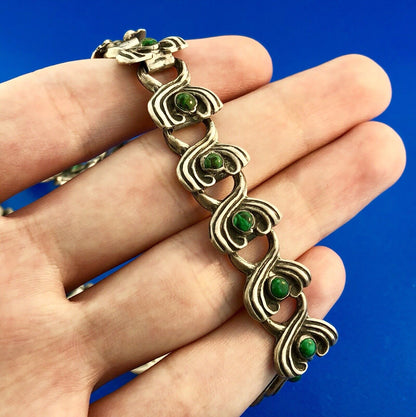 Mid Century Taxco Mexico 925 Sterling Silver Malachite Scroll Panel Necklace