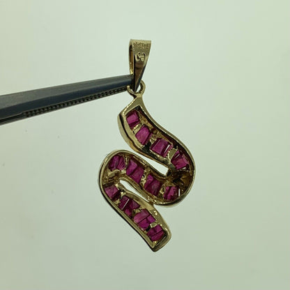 Designer 14K Yellow Gold Ruby Tapered Baguette S Ribbon Statement Pendant