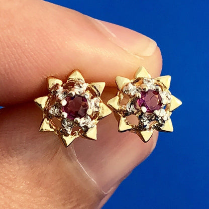 Retro 14K Yellow White Gold Ruby Starburst July Anniversary Stud Earrings