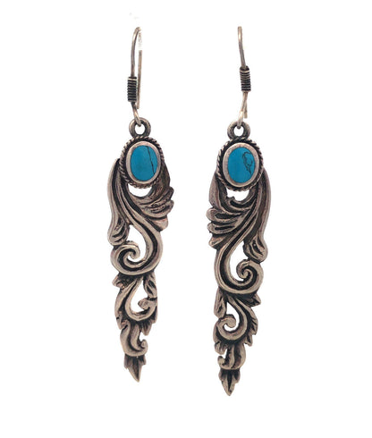 Vintage 925 Sterling Silver Turquoise Cabochon Scroll Dangle Drop Hook Earrings