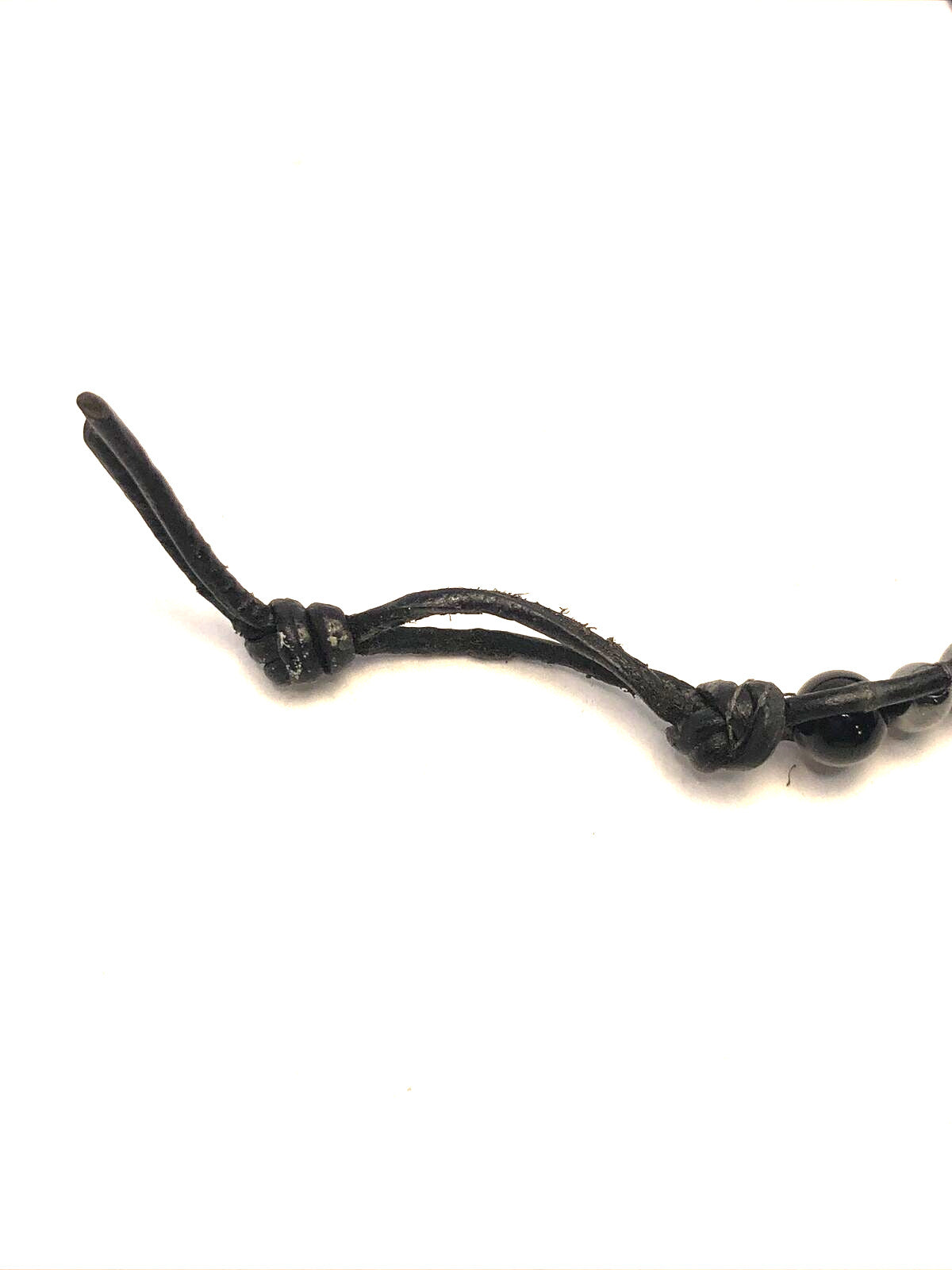 Unisex 999 Fine Silver Medallion Black Onyx Hematite Bead Black Leather Bracelet