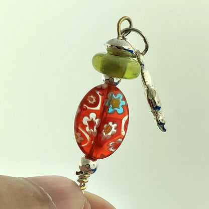 Sterling Silver 925 Millefiore Glass Bead Fleur De Lis Drop Dangle Earrings