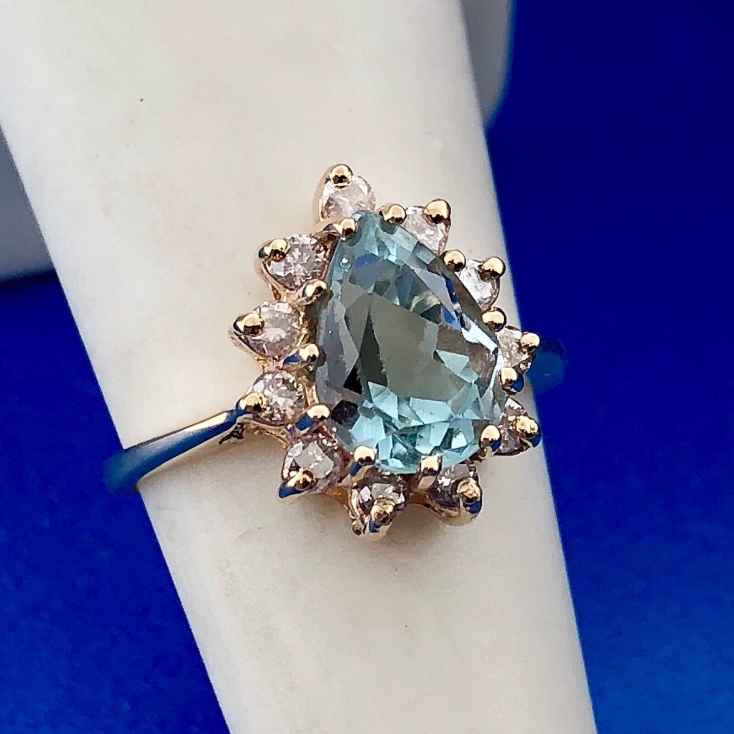14K Yellow Gold Blue Topaz Diamond Halo December Birthday Occasion Cocktail Ring