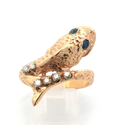 Vintage 14K Yellow Gold Diamond Pearl Blue Sapphire Fish Bypass Ring