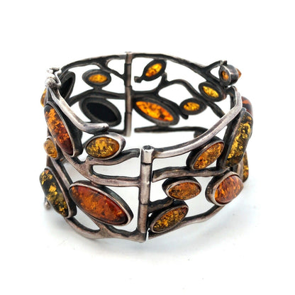 Vintage 925 Sterling Silver Green Orange Yellow Amber Vines Hinged Cuff Bracelet