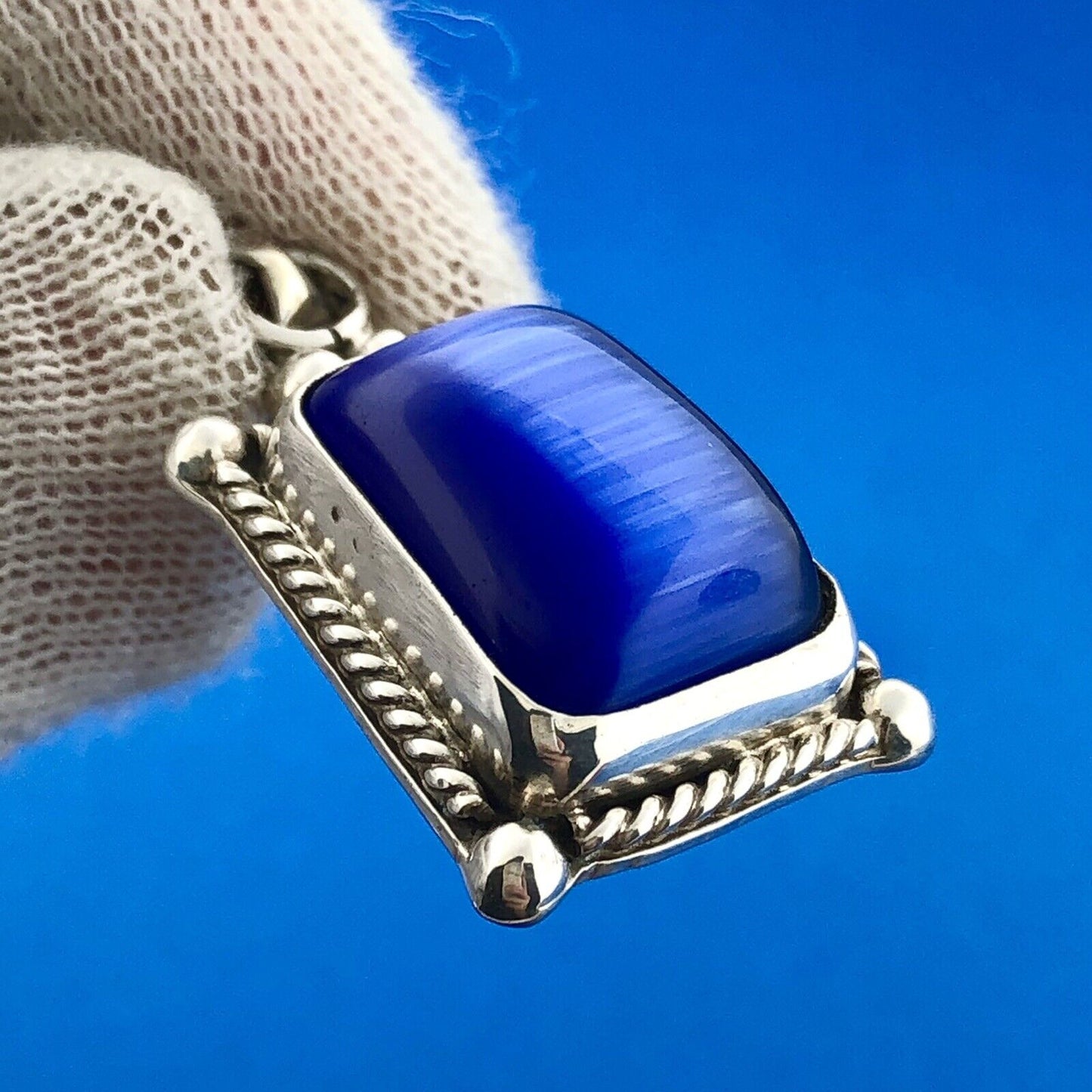 Stunning Taxco Mexican Sterling Silver 925 TA-S3 Glass Rectangle Dangle Pendant