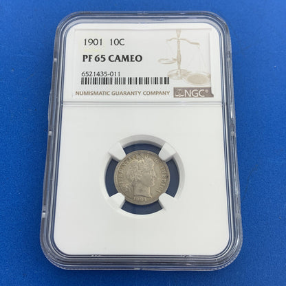 1901 P Proof Silver Barber Dime Better Philadelphia Mint NGC PF65 Cameo Coin
