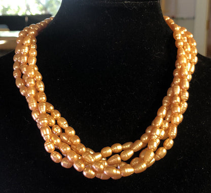 Vintage Silver Tone Peach Faux Baroque Pearl 5 Strand Toggle Choker Necklace