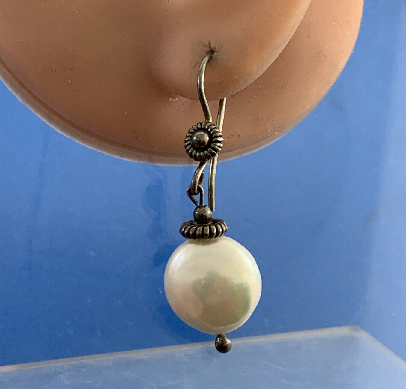 Vintage 925 Sterling Silver Pearl Hook Dangle Drop Earrings