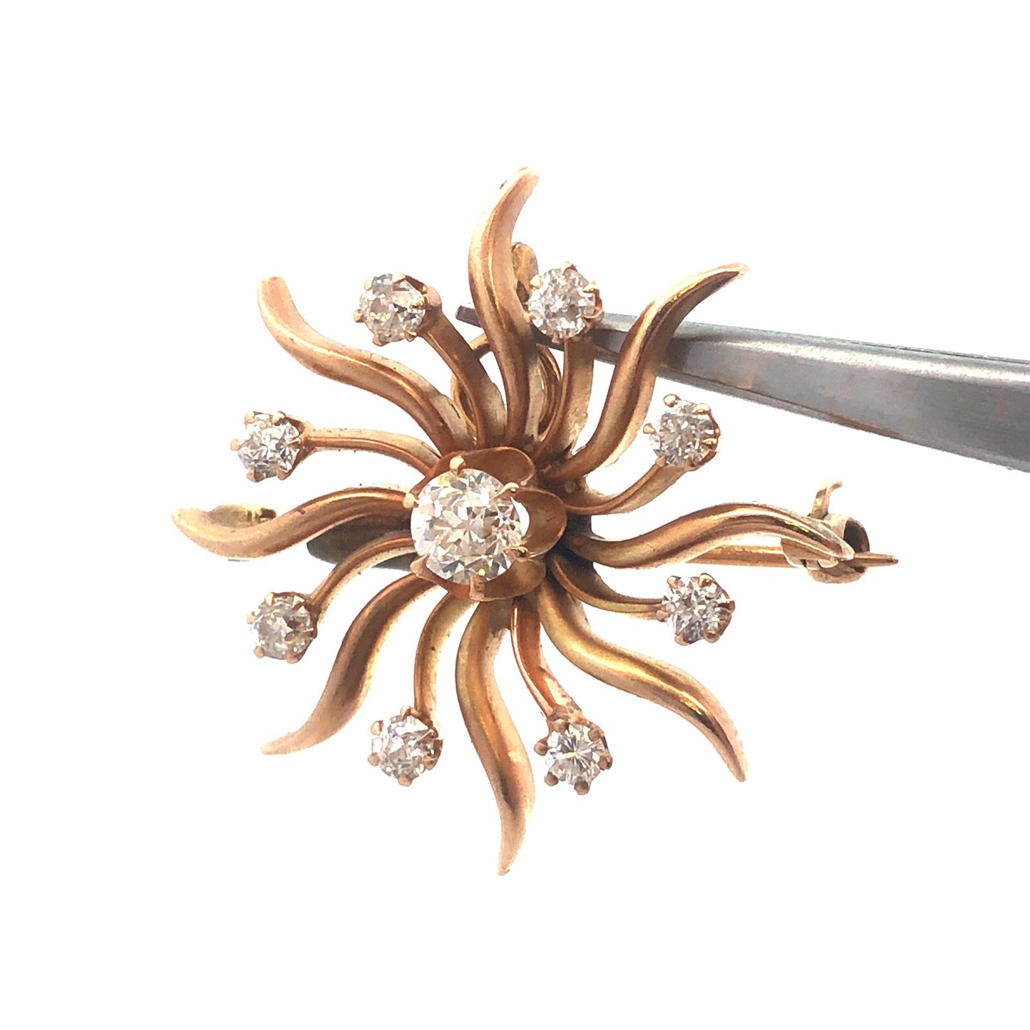 Designer Art Deco 14K Yellow Gold Diamond Pin Brooch Pendant