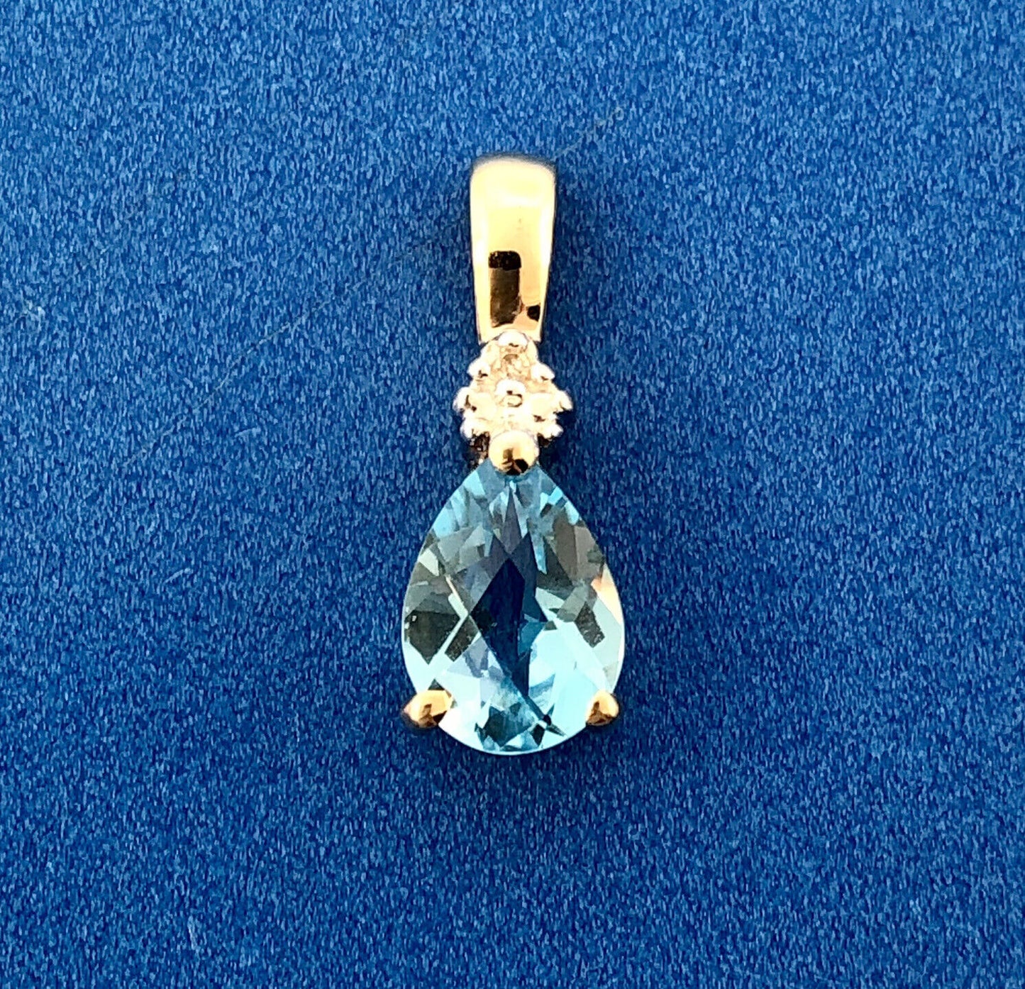 Estate 10k Yellow Gold Diamond Faceted Tear Drop Swiss Blue Topaz Pendant