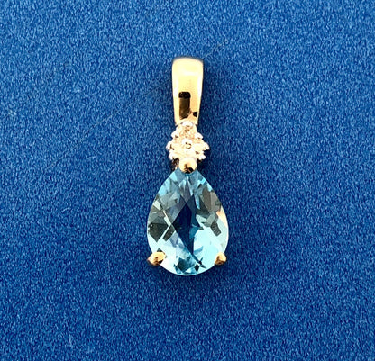 Estate 10k Yellow Gold Diamond Faceted Tear Drop Swiss Blue Topaz Pendant