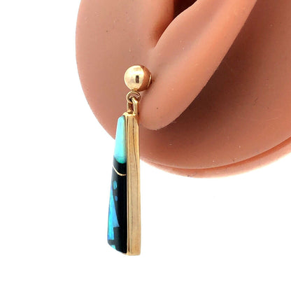 Calvin Begay Navajo 14K Yellow Gold Opal Onyx Storyteller Statement Earrings