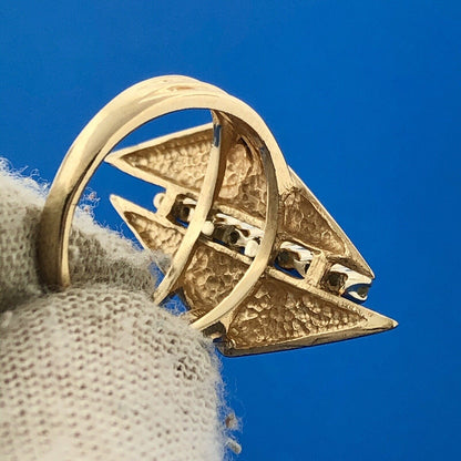 Designer Modernist 14k Yellow Gold Round Diamond Emerald Twin Triangle Ring