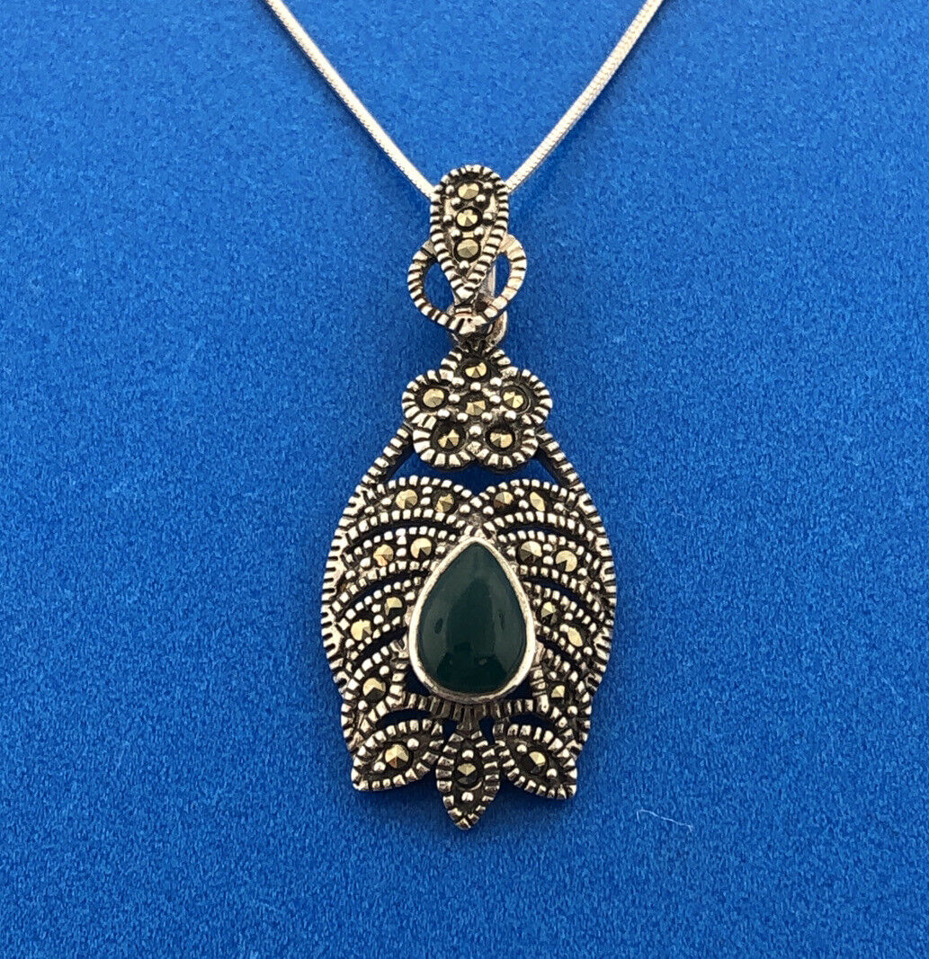 Retro Sterling Silver 925 Marcasite Green Glass Art Deco Style Pendant Necklace