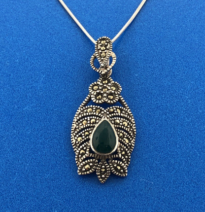 Retro Sterling Silver 925 Marcasite Green Glass Art Deco Style Pendant Necklace