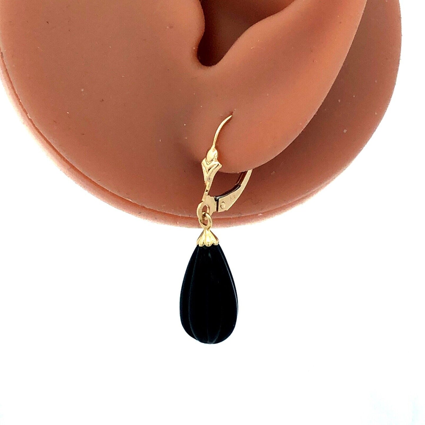 Designer 14K Yellow Gold Ribbed Onyx Pear Drop Dangle Leverback Earrings