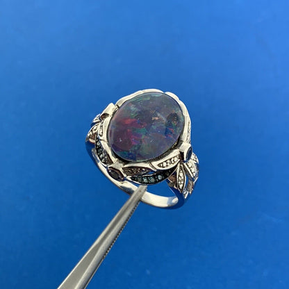 Designer 925 Sterling Silver Opal Doublet Amethyst Blue Diamond Accented Ring